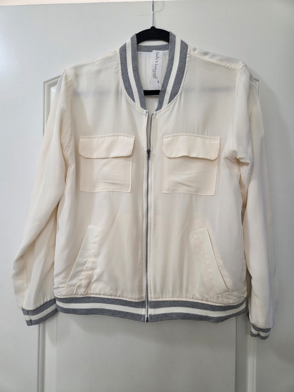 Neutral Cream Bomber Jacket with Contrast Grey Trim